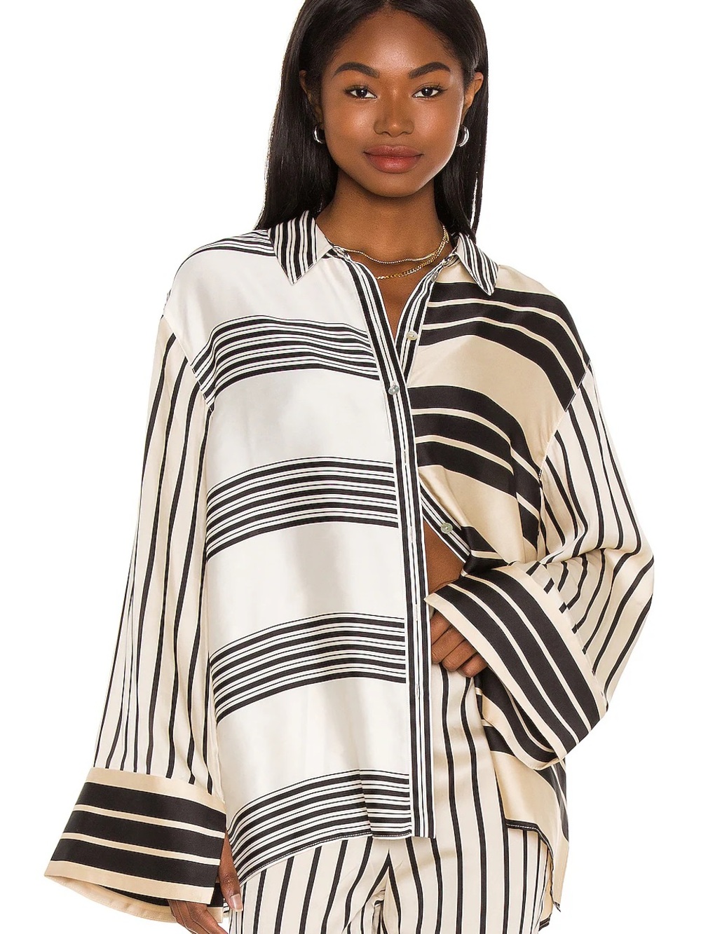 L’Academie Revolve The Katy Blo Silky Black & Cream Striped Button-Up Shirt